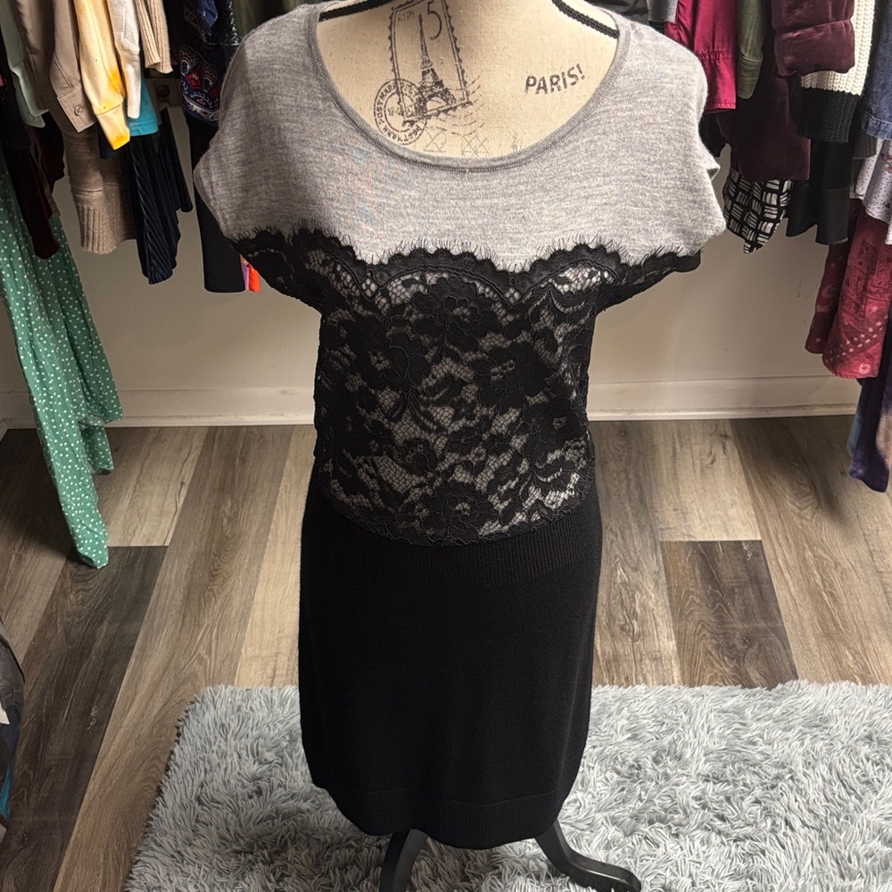Y2K Gray and Black Lace Sweater Dress